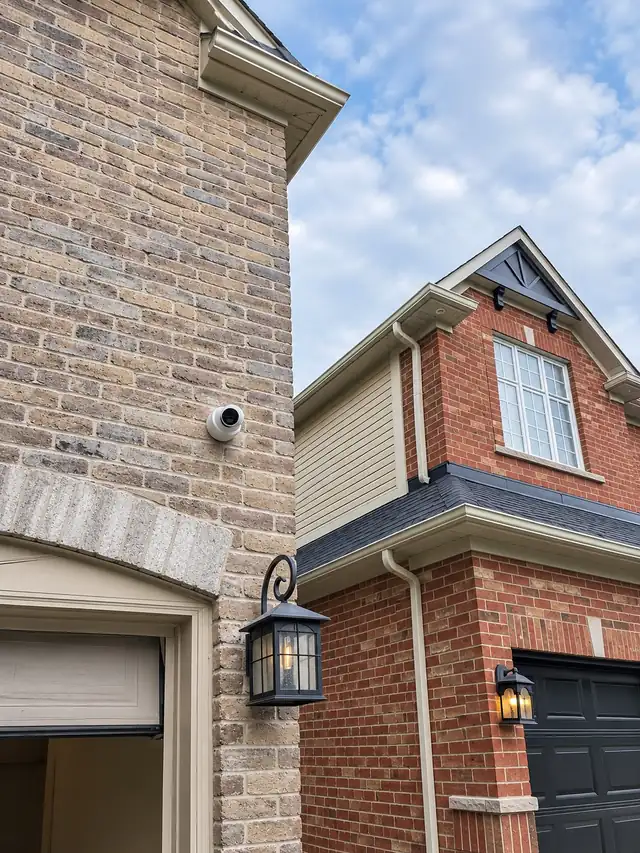 Security camera above the garage of a brick home, next to the coach lights