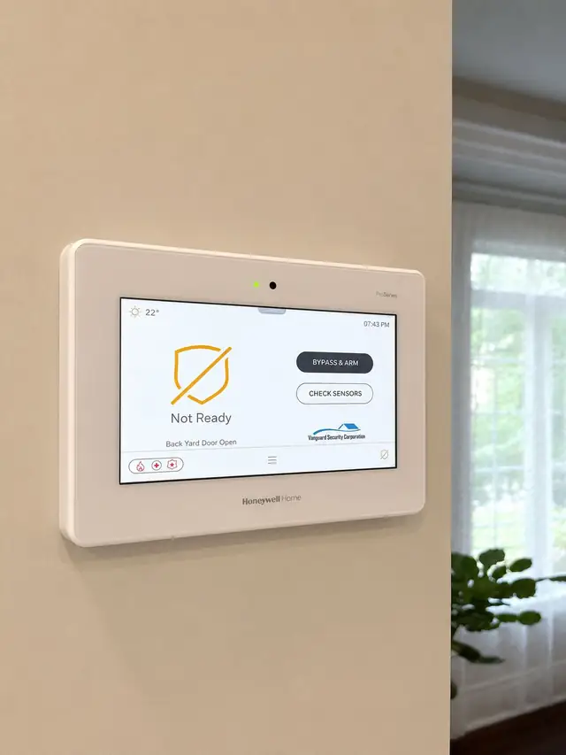 Touchscreen alarm panel installed on the wall beside an entry door